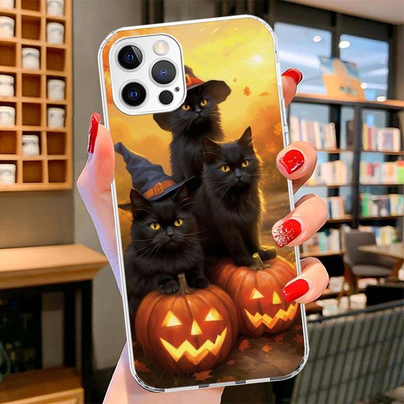 

Black Kitten Halloween Pumpkin Cover Phone Case For iPhone 16 17 Air 15 14 Pro Max 16E Phone Case 13 Mini 12 11 7 SE 8 Print Pat iPhone 16 Plus