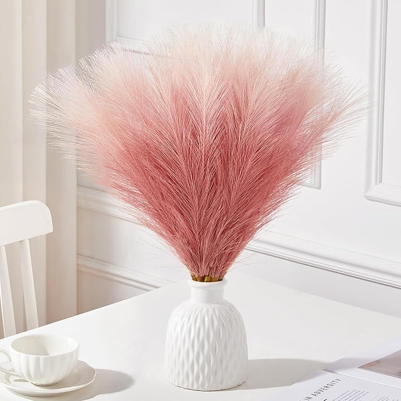 Serwalin Gradient Pink Pampas Grass Decor, 17.7 Inch 6pcs Faux Pampas Grass, Artificial Pampas Grass for Wedding Table Centerpieces Decoration Gradient Pink