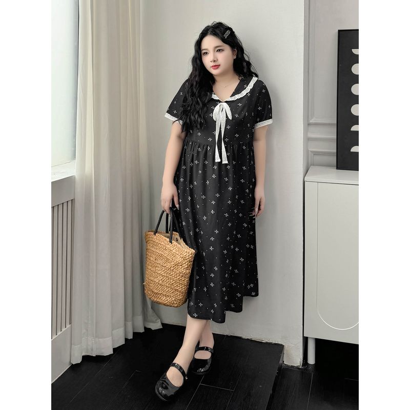 Plus size women clothing [Star River Monroe] Summer Chubby Girl Preppy Sailor Collar Short sleeve Bow Floral Dress