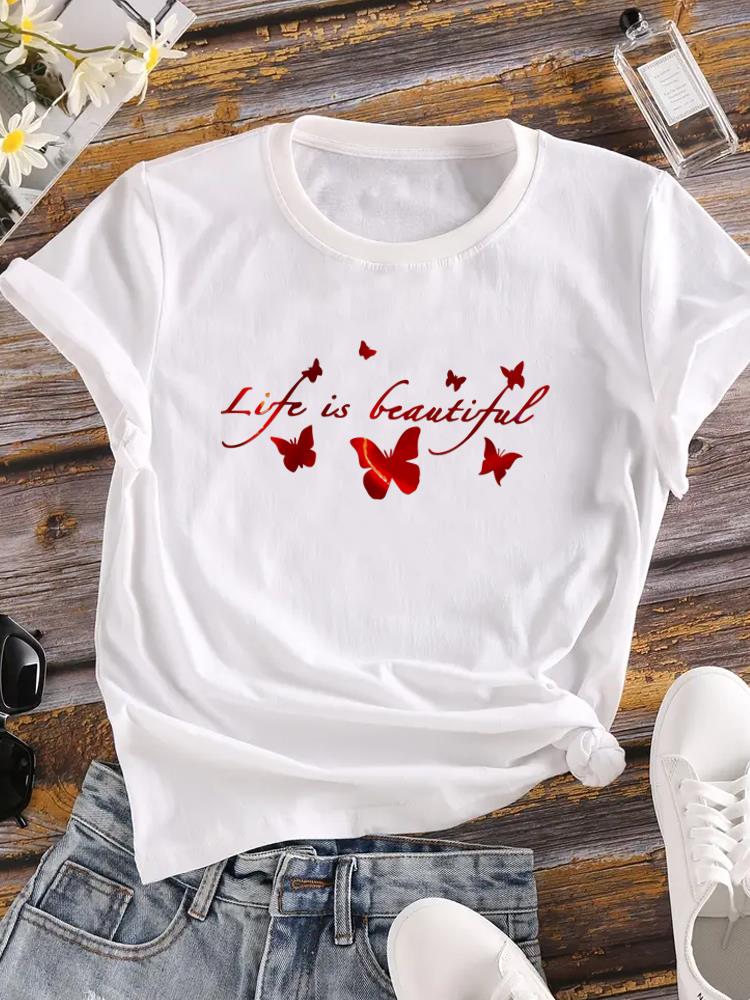 (Asian Size) Letter Lovely Lady O-neck T Shirt Clothing Printed Female Top Casual Fashion Women Graphic Tee Short Sleeve T-shirts