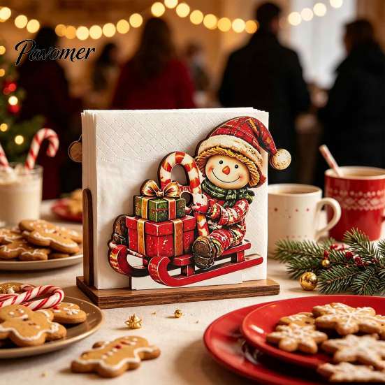 Decorative Winter Kitchen Accessories Snowman Napkin Holder for Dining Table, Wood Vertical Farmhouse Style Dispenser, Christmas Tissue Storage