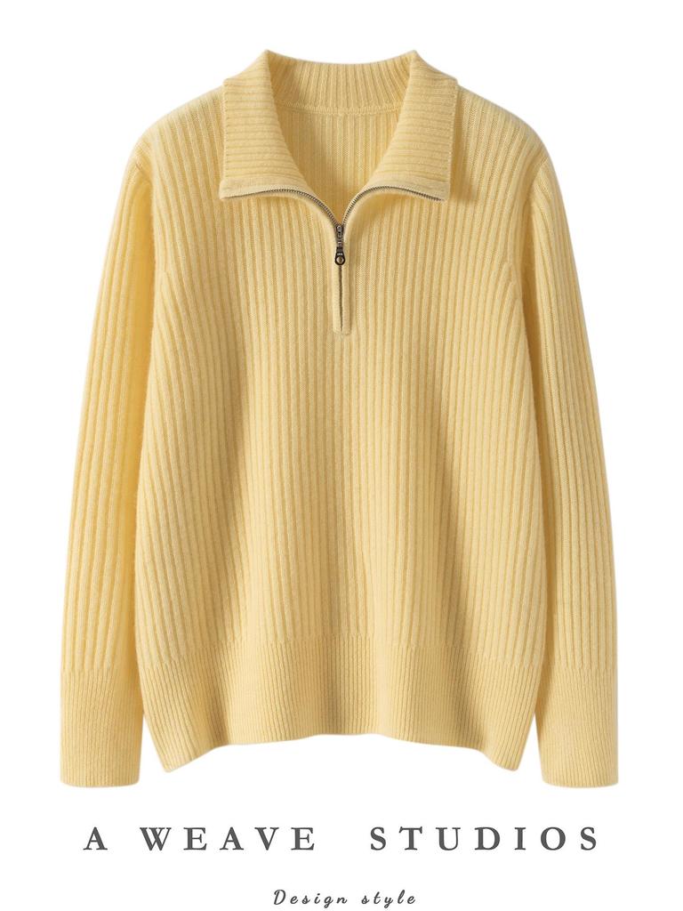 Elegant European Cashmere Lambswool Zip-Up Sweater for Women