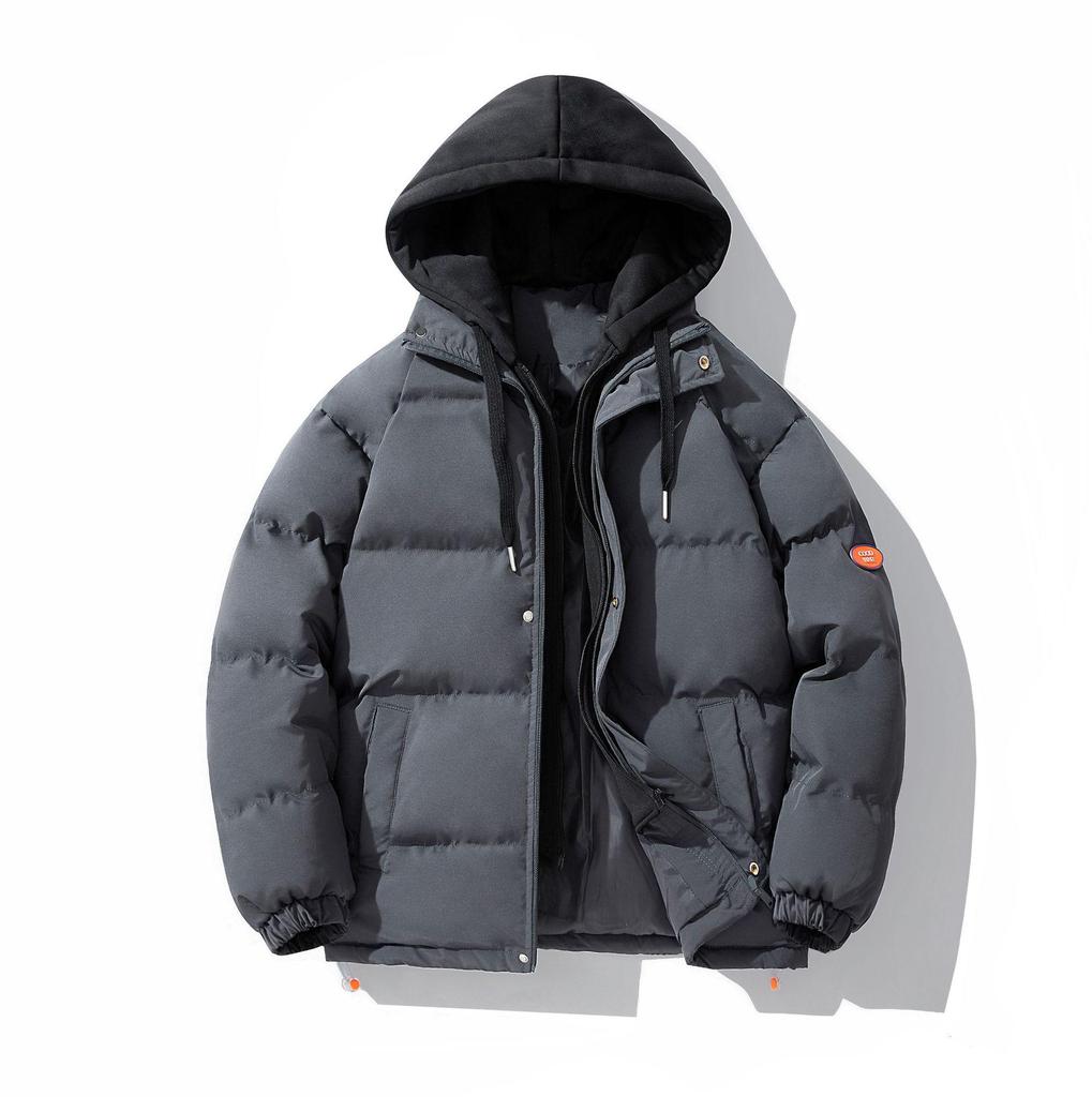 Men's Trendy Winter Cotton Jacket: Loose Fit, Hooded, Fake Two-Piece Design, Thickened for Warmth