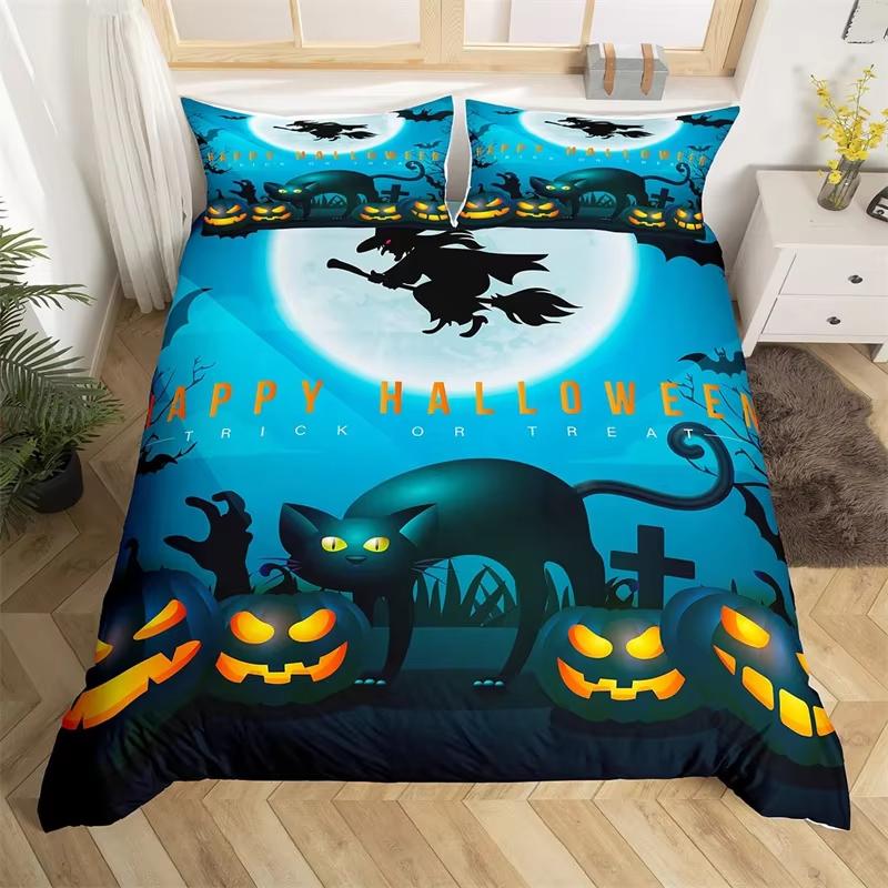 Kids Pumpkin Lantern Duvet Cover Set Twin King Halloween Bedding Set Microfiber Witch Mystery Graveyard Printt Comforter Cover