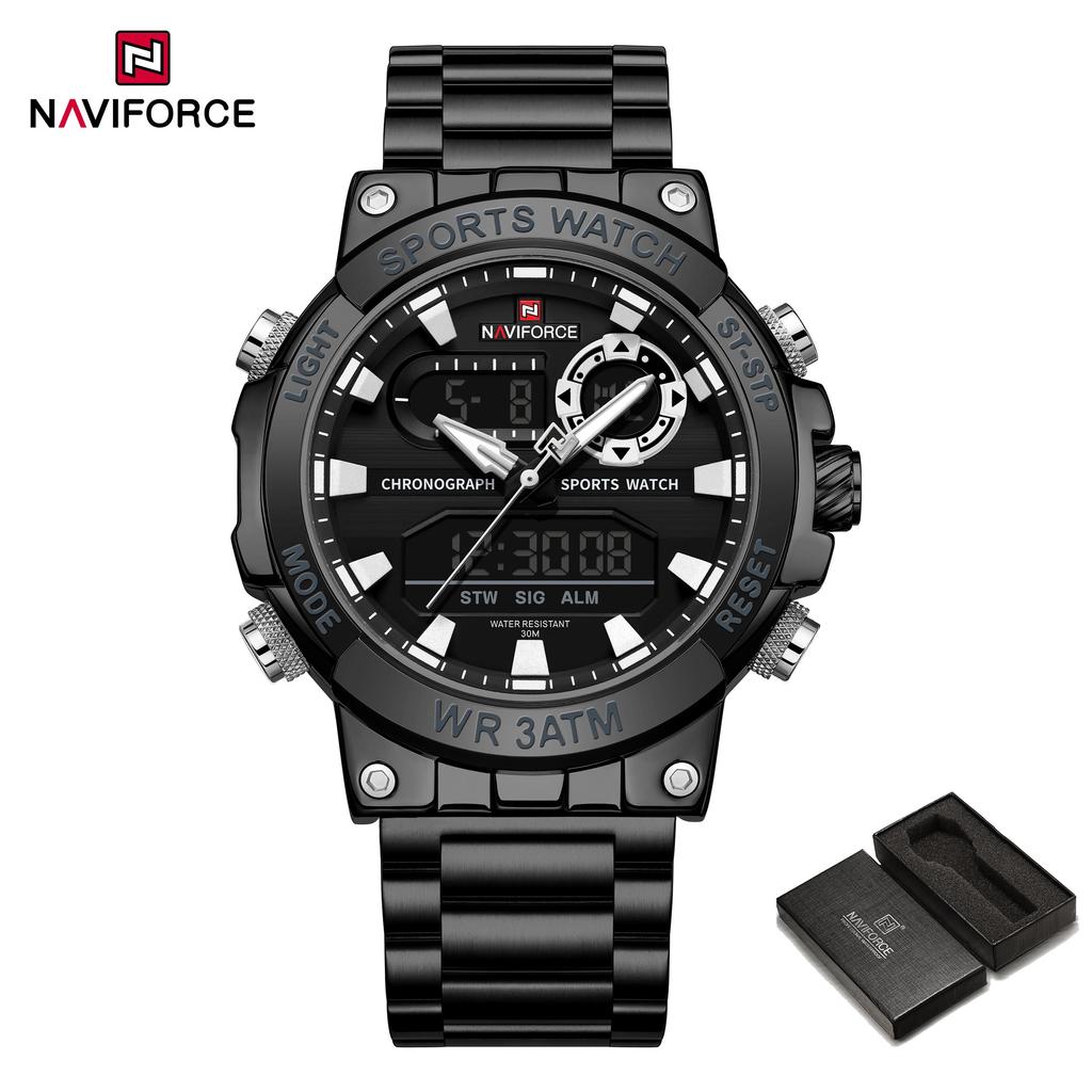 Naviforce Oryginalny Zegarek Męski Wyświetlacz Cyfrowy Kwarcowy Kalendarz Zegarek na Rękę Pasek ze Stali Nierdzewnej Luminous Wodoodporny Modny Zegarek Męski NF9237