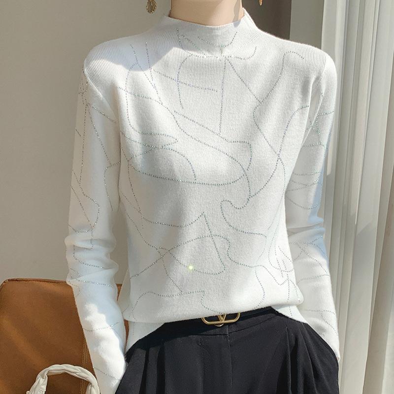 GMXIA Длинный рукав трикотажная нижняя рубашка женская полувысокий ворот свитер тонкий теплый внутренний свитер симпатичный топ S белый