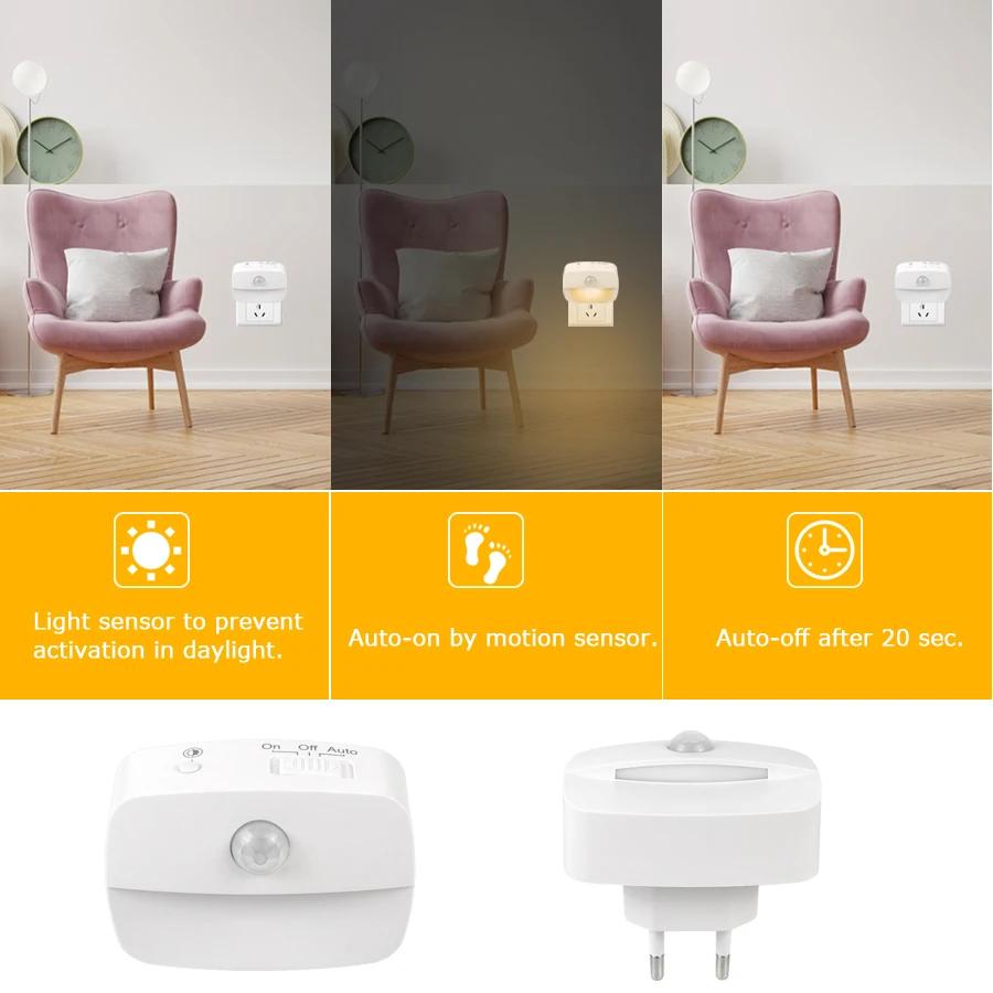 Led Night Light With Motion Sensor EU US Socket AC 85-265V Pir Human Induction Lamp 3 Colors Plug In Wall For Bedroom Hallway