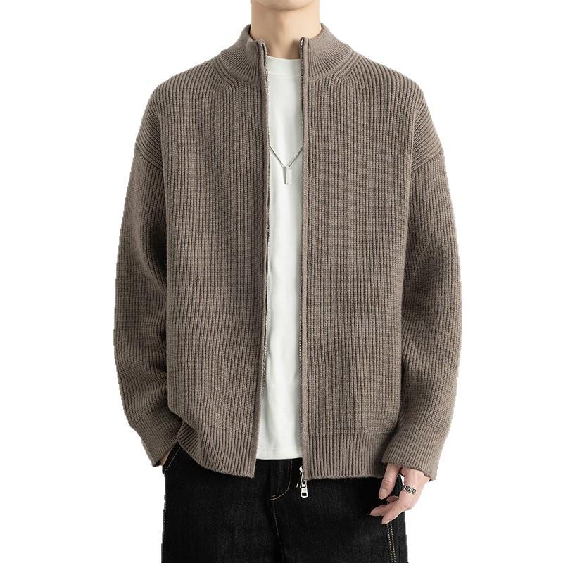 Men's Stand Collar Double Zipper Cardigan Sweater - High-End Lazy Style for Autumn and Winter