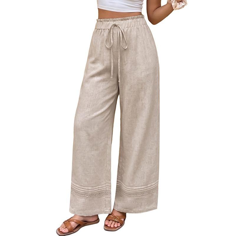 Women Casual Solid Color High Waist Drawstring Wide Leg Straight Long Pants