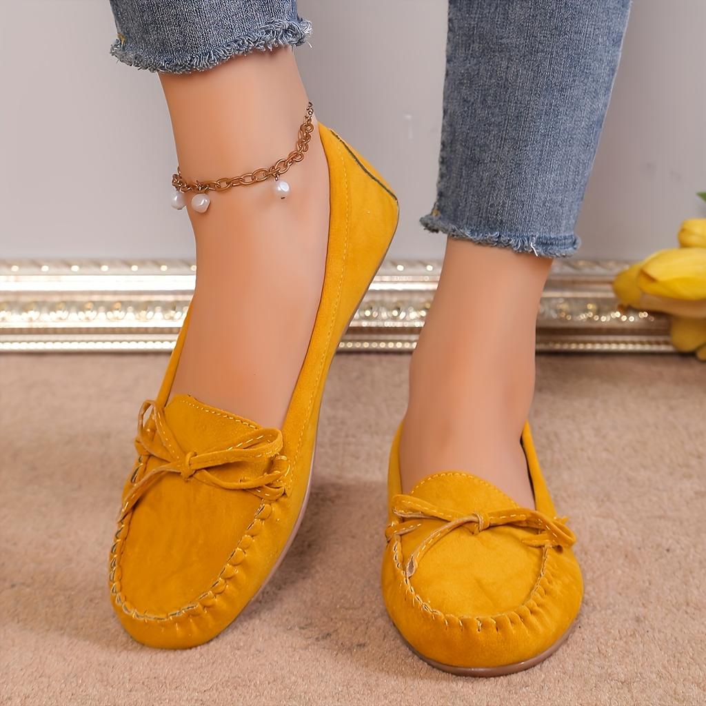 Damskie Mokasyny w Stylu Vintage Jednokolorowe Wsuwane Płaskie Buty z Kokardką Modne Buty Codzienne