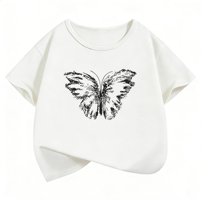 Retro Butterfly Design Printed T Shirts Short Sleeve Kids Childrens Tshirt Boys Girls Summer Spring Casual Top Tee Shirt