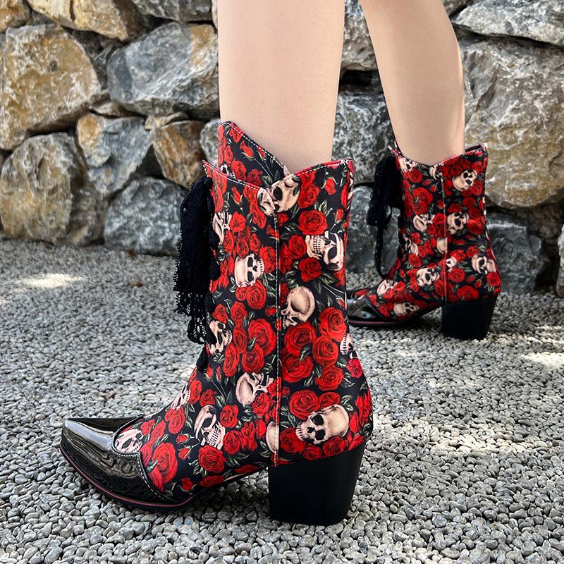 B/Women's High Heel Short Boots Fashion Print Thick Heel Denim Boots Autumn and Winter New Large Women's Boots