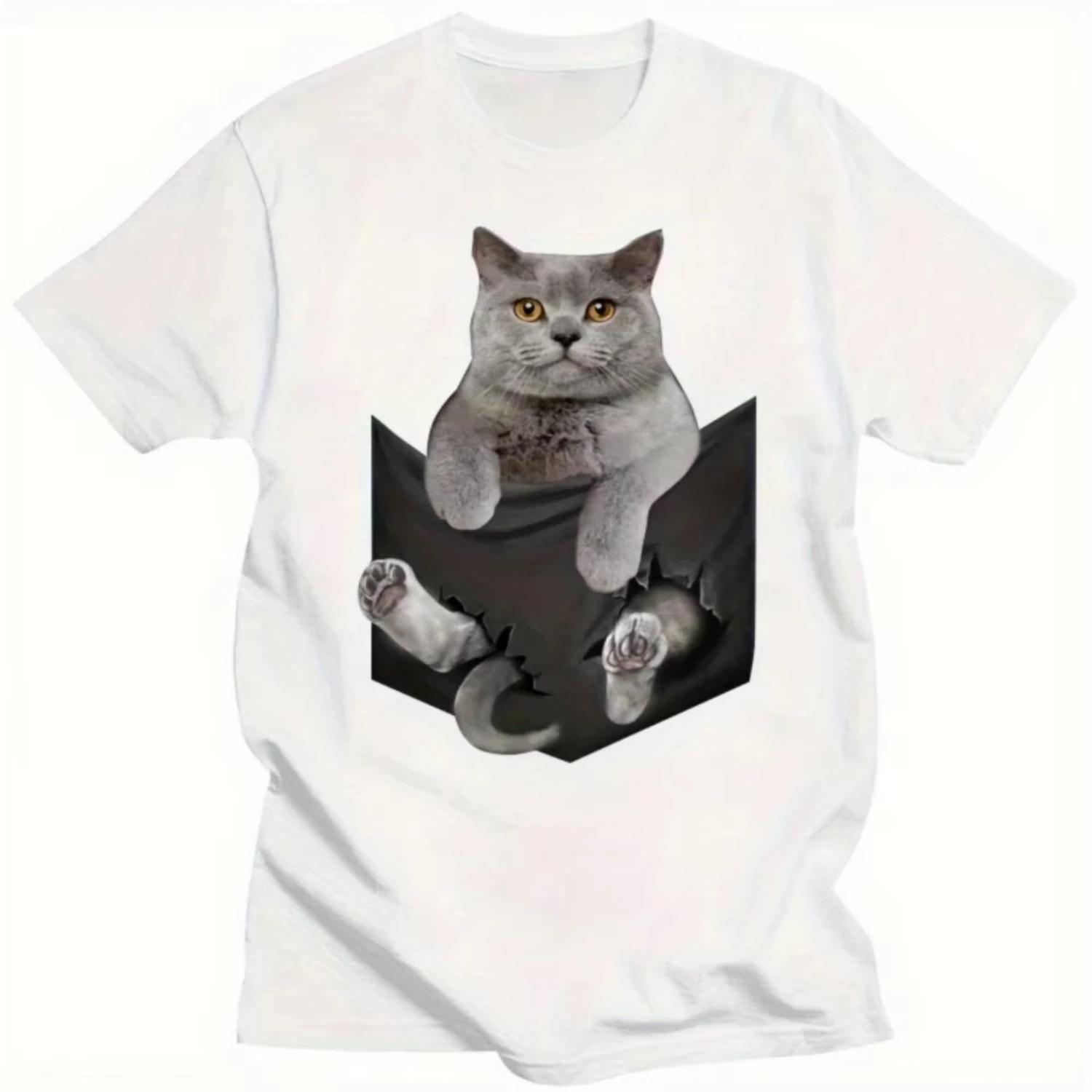 

Men s Cotton T-Shirt with British Shorthair Cat Peeking From Pocket Casual Short Sleeve Round Neck Tee Machine Washable S чёрный