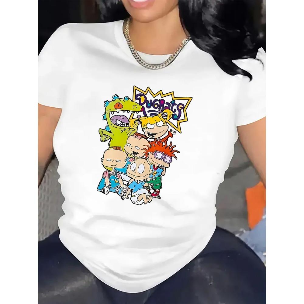 Damen Cartoon Grafik Rugrats Charaktere Print Lässiges Rundhals Polyester-Mischung mit Elasthan Modisches Alltagsoberteil Flexibel