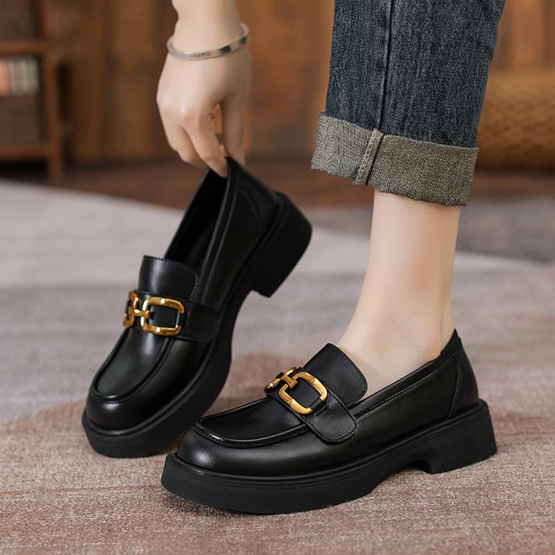 Легкая подошва женские туфли в ретро-стиле на толстой подошве-маффин из маленькой кожи на толстом каблуке черные из мягкой кожи одинарные туфли повседневная обувь 40 5898₽