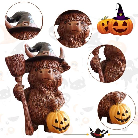 Yousheng 2Pcs Halloween Highland Cow Resin Figurine Wizard Hat Pumpkin Broom Cattle Statue Sculpture Holiday Party Decoration Ornament