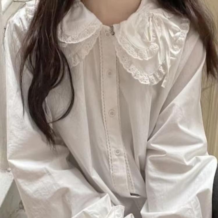 White Shirt Kawaii Peter Pan Collar Preppy Style Blouses Woman Sweet Ruffle Long Sleeve Tops Fashion Lolita Clothes