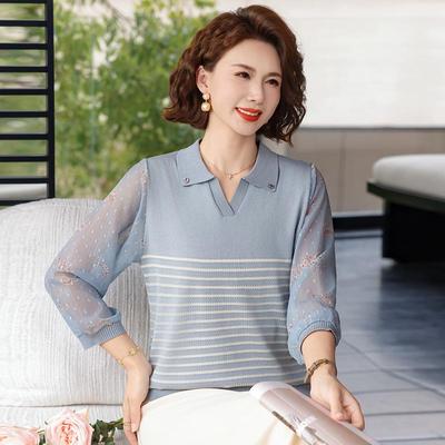 Mom's Summer Ice Silk Gauze Sleeve Knit Top for Middle-Aged & Elderly Women - Three-Quarter Sleeve