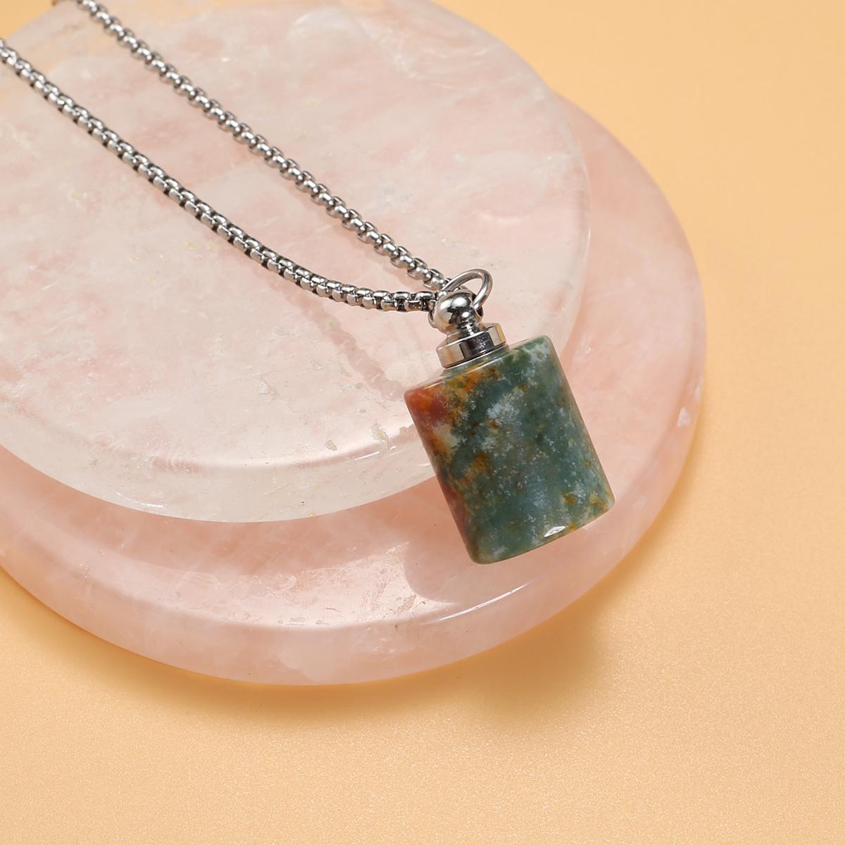 

Ожерелье в форме флакона парфюмерии, натуральный камень, розовый кварц/агаты, цилиндрическая бутылка эфирного масла, женское ожерелье, цепочки 60 см Indian Agate/30x18mm