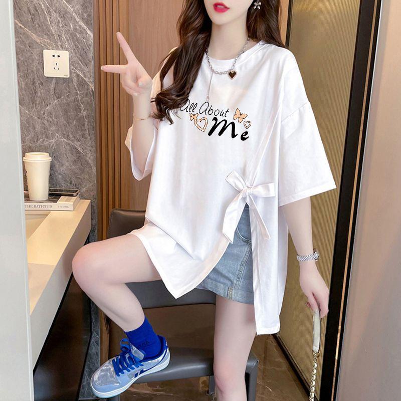 Korean Style Casual Letter Print Short Sleeve T-shirts Women's Summer T-Shirt Loose Fit Bow Splicing Tops