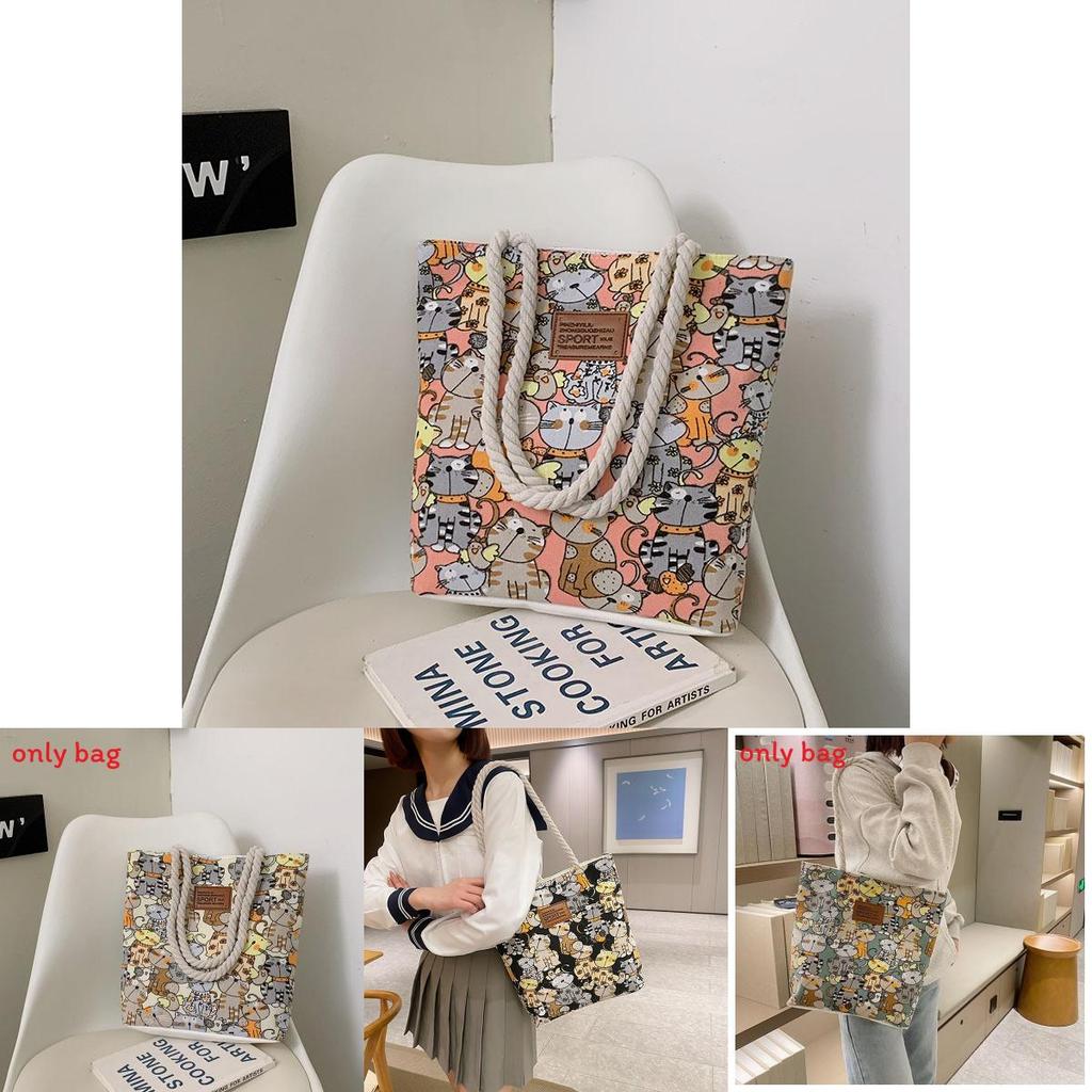 Cute Cartoon Cat Pattern Women Casual Large Capacity Canvas Bag For Daily Use And Street Fashion