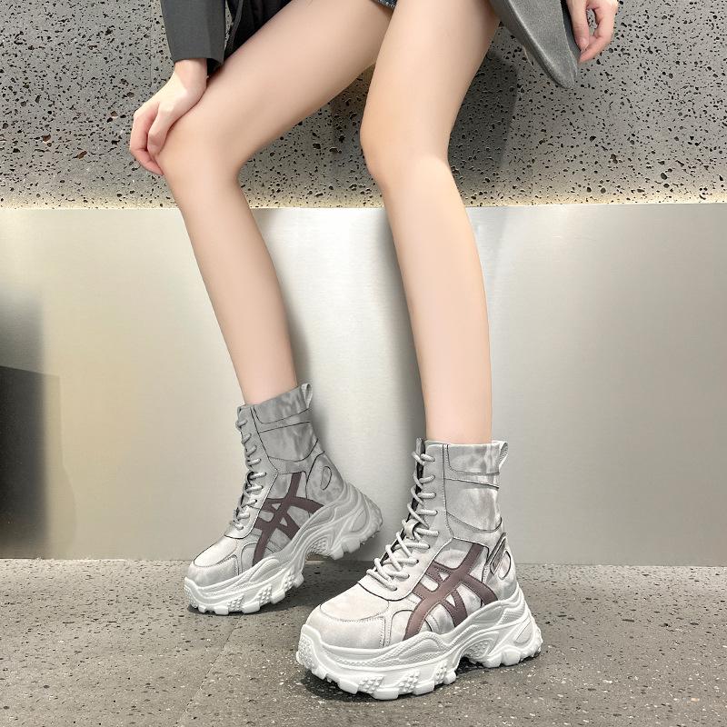 Inner height increase 2025 autumn and winter platform cowhide high-top shoes fleece thickened dad shoes women's versatile sports and leisure shoes
