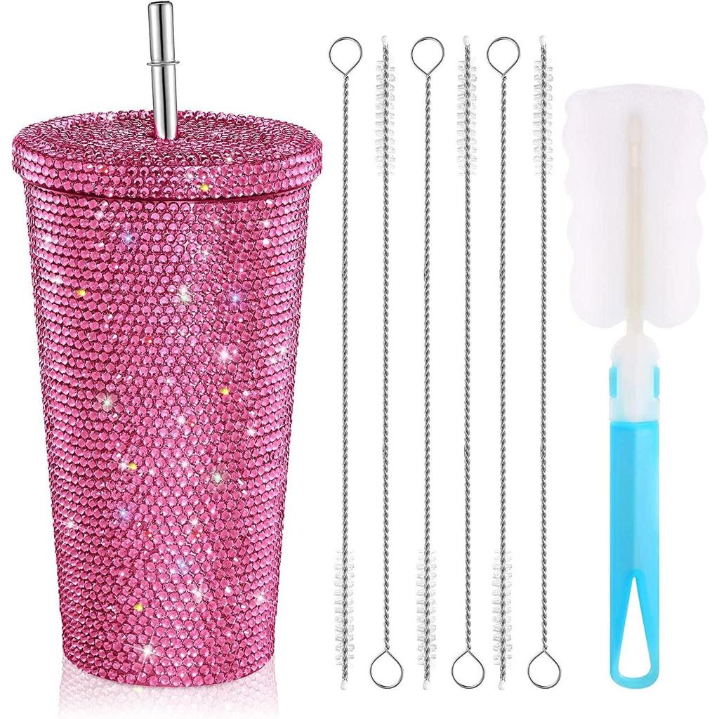 Borraccia Termica Da 500 Ml In Acciaio Inox 304 Con Strass Rosa, Coperchio E Cannuccia, 17 Oz, Isolamento 8 Ore, Regalo Donna