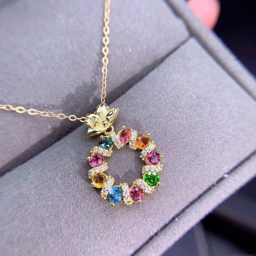 Keluaran Terbaru Liontin Kalung Bundar Besar Topas Warna-warni Natunal Warna-warni Emas 18K Mewah Untuk Wanita Perhiasan Mode