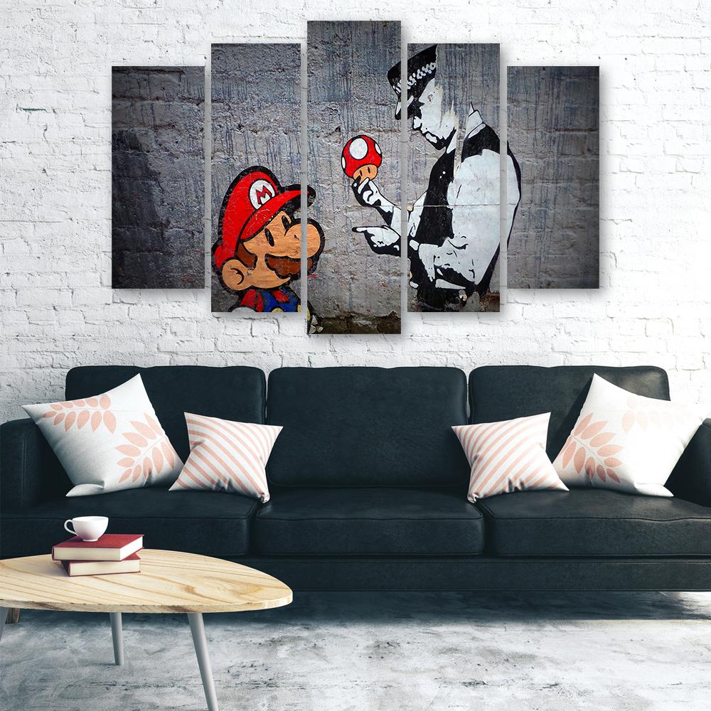 Pětidílný obraz na plátně Banksy Mario Graffiti