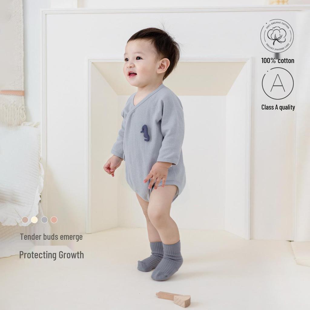 Infant Pure Cotton Long Sleeve Bodysuit with Off-Center Placket - Newborn Spring Romper