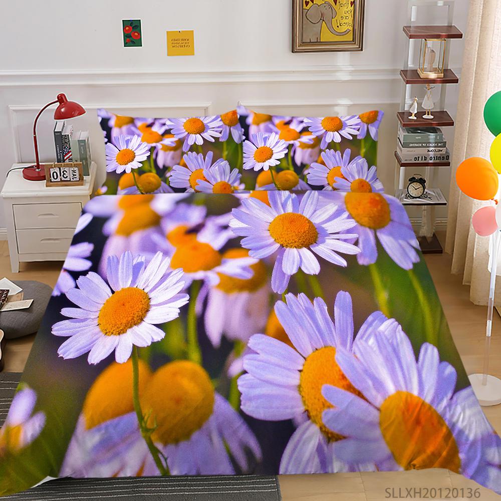 3D Printing Household Bedding Set Chrysanthemum Printing Pillowcase and Quilt Cover 2/3 Pieces of Plant Microfiber Comfortable Household Bedding