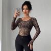 2025 Fashion Transparent Leopard Print Mesh Long Sleeve Slim Fit T-shirt