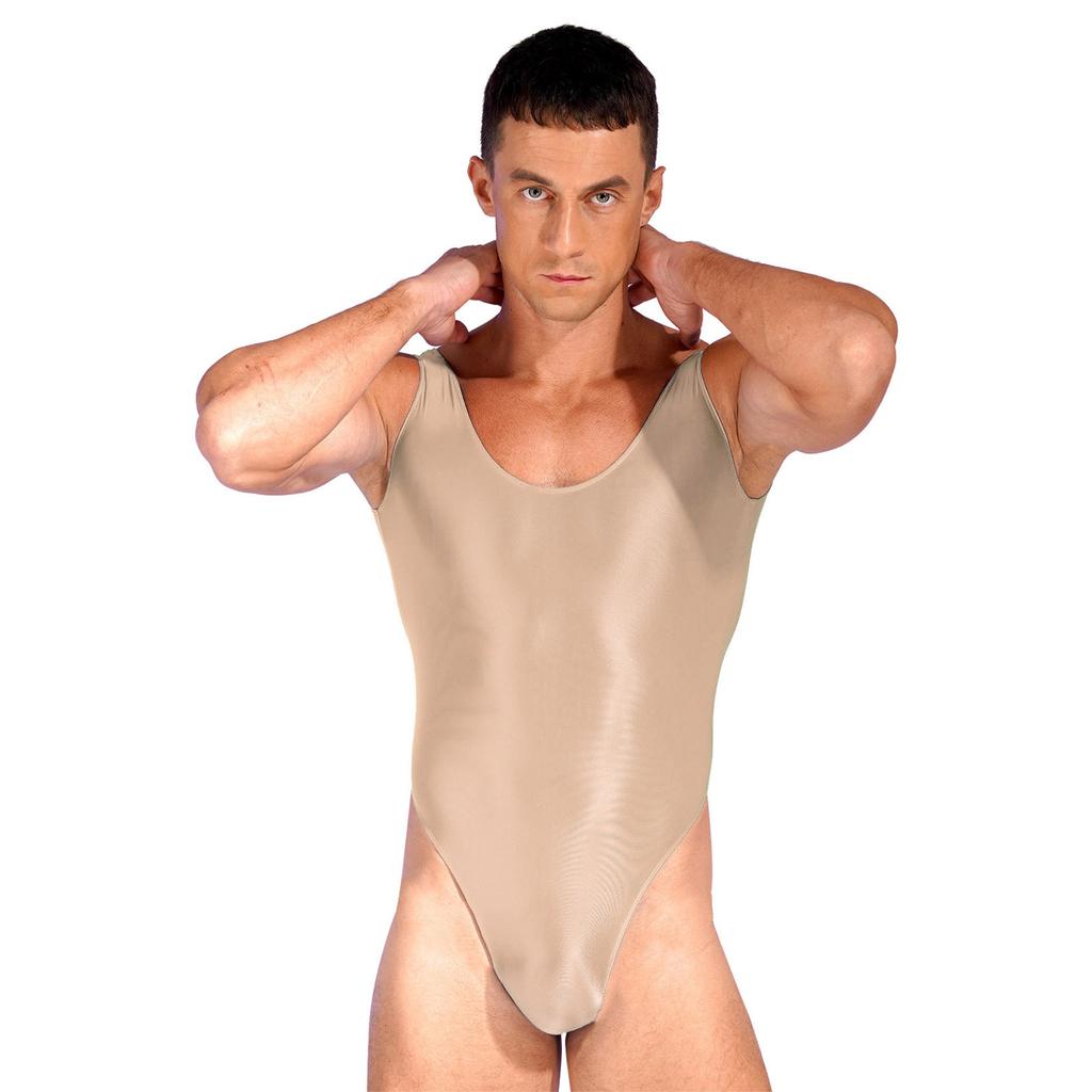 Mens Glossy Backless Bodysuit Leotard Underwear One-piece Swimsuit for Yoga Sports Fitness Swimming Clothes
