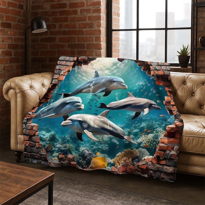 3D Illusion Underwater World Marine Life Shark Dolphin Cartoon Flannel Blanket Throw Blanket for Bedroom Living Room Bed Travel