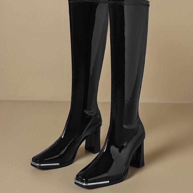 But knee high-heeled boots women's 2025 summer new versatile square head thick-heeled high boots patent leather versatile boots