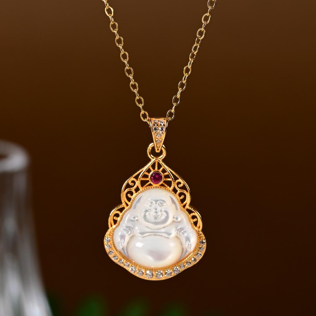 S925 Sterling Silver Mother-of-Pearl Buddha Pendant Necklace - Chinese Style Classic Clavicle Chain (X136) S925 Silver