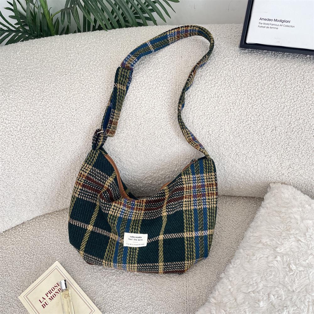 Korean Retro Plaid Wool Crossbody Bag - Large Capacity Casual Shoulder Bag for Women