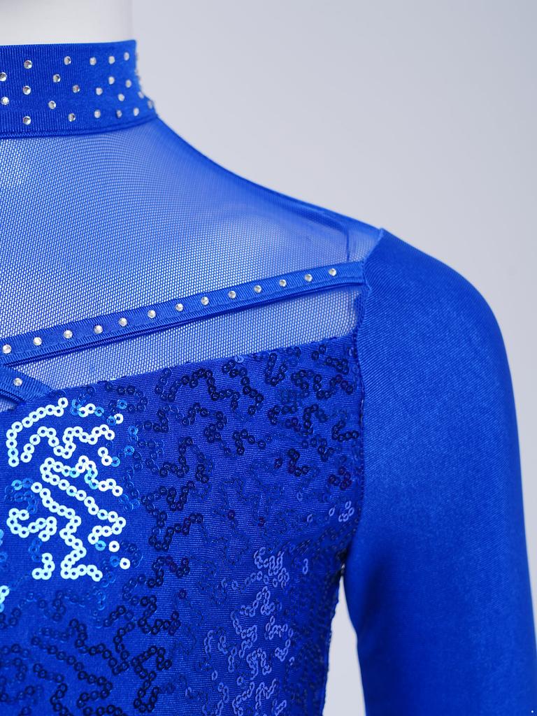 Dziewczęcy Crop Top do Tańca Jazzowego z Wysokim Dekoltem i Długim Rękawem, Przezroczysta Siateczka, Patchwork, Błyszczące Płatki, Kostium na Występ