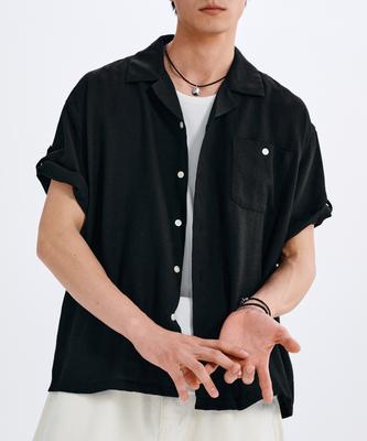 TAKEASY Linen-Like Roll-Up Half Shirt (Black)