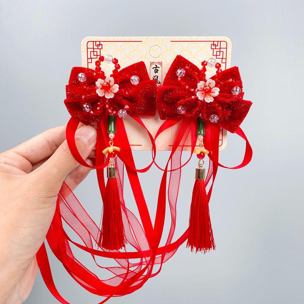 Red New Year Hanfu Hair Clips for Girls - Chinese Style Floral Headwear