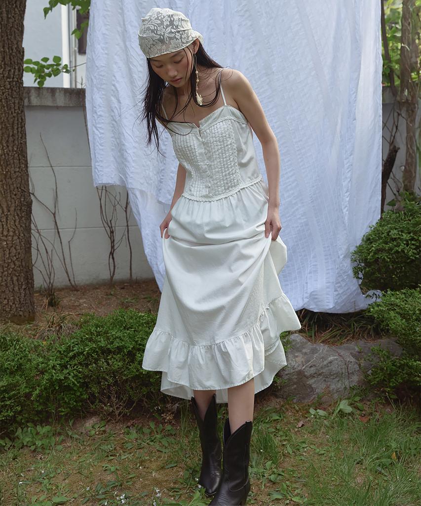 Lonkeu Lace Pintuck Sleeveless Dress (Ivory)