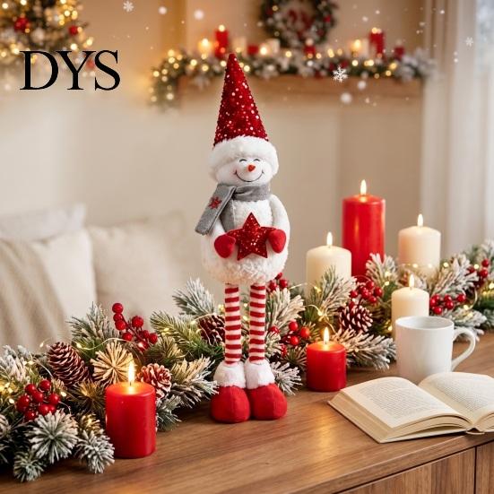 Retractable Long Leg Snowman Dolls Christmas Plush with Extendable Legs, Sequins Hat Holding Star Soft Decor Doll, Standing Legs Xmas Decoration