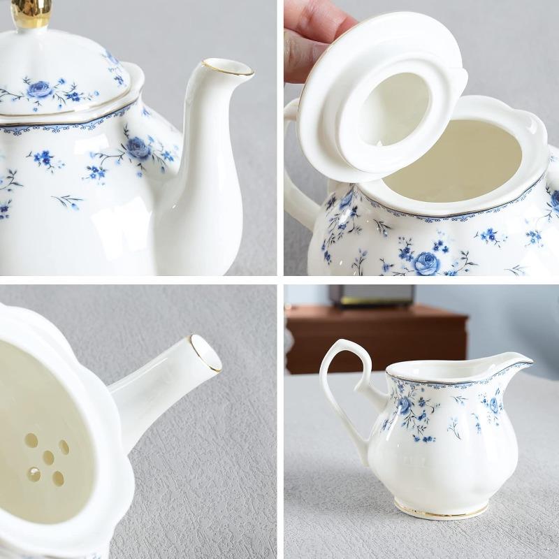 Porcelain Tea Set, British Floral Teapot with Tea Cups, Women Tea Party Set for 6