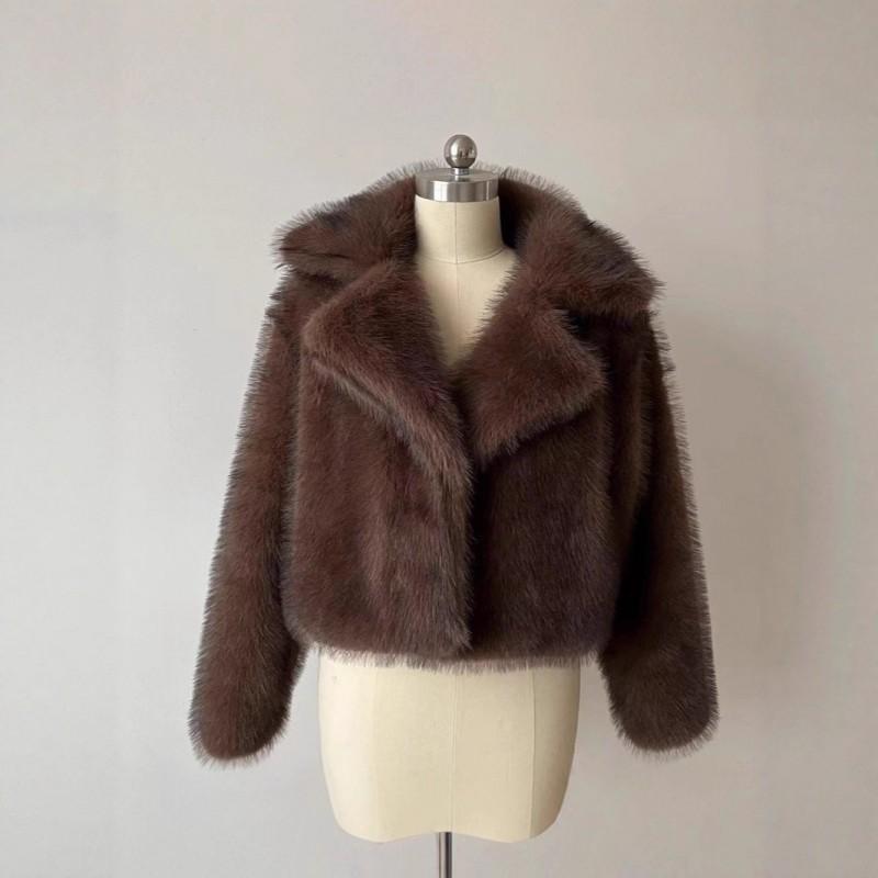 Damski Krótki Płaszcz ze Sztucznego Futra Zimowy Streetwear Stylowa Kurtka Bez Kaptura z Klapami Brązowy Czarny z Końcówkami