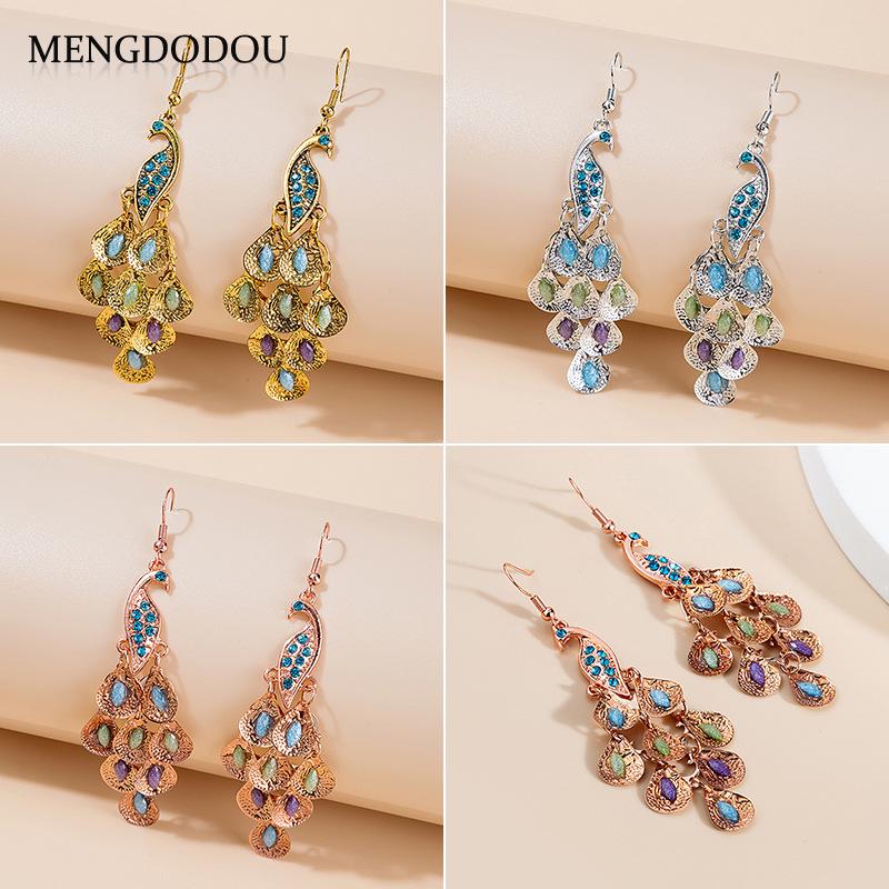 

Chinese Retro Peacock Fan-Shaped Earrings with Multi-Layer Crystals