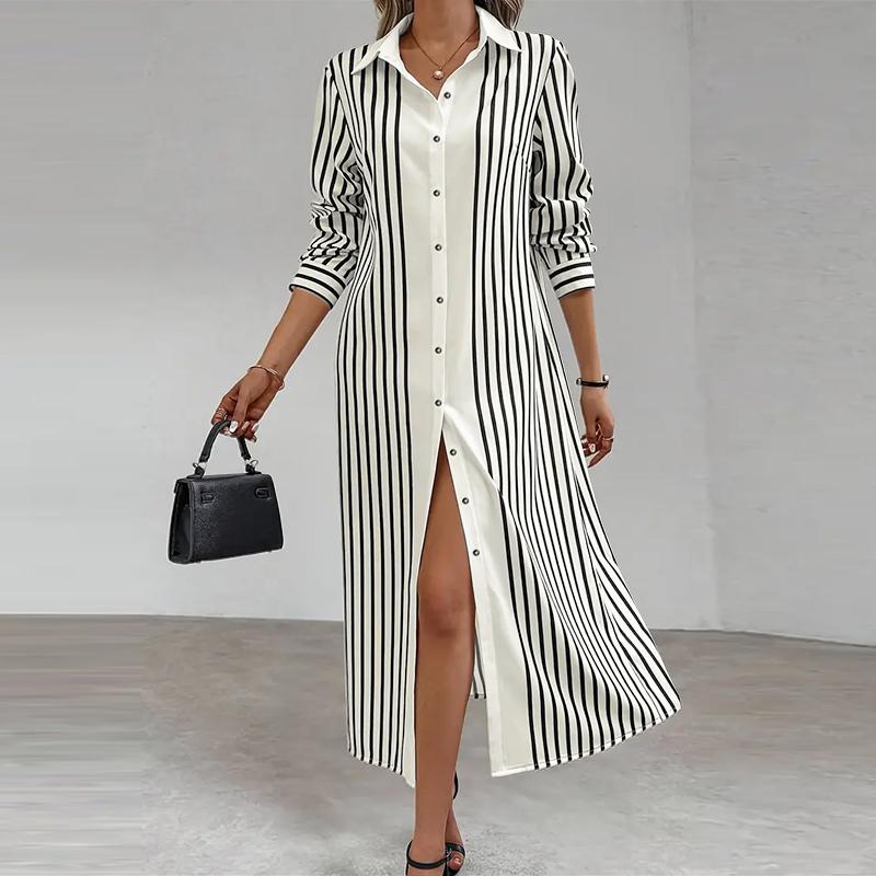 ZANZEA Women Casual Turn Down Collar Long Sleeve Stripe Dress
