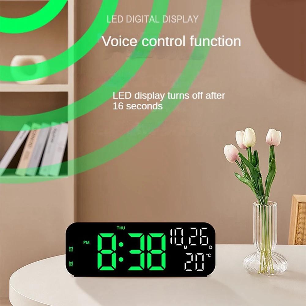 1PC Digital Alarm Clock Temperature and Date Week Display Night Mode Table Clock Voice Control 12/24H Electronic LED Alarm Clocks