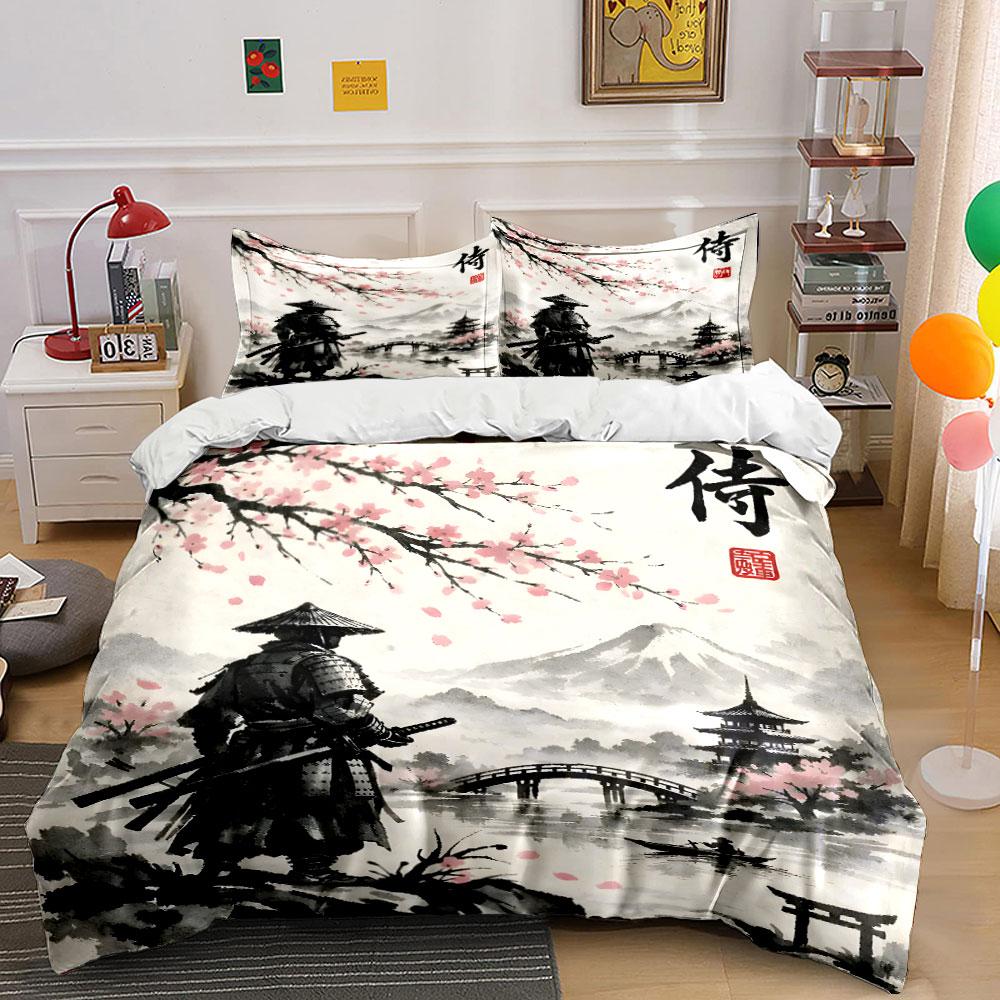 Samurai Sakura Landscape Bedding Duvet Cover Set (1*Duvet Cover 2*Pillowcases, Without Duvet Insert)