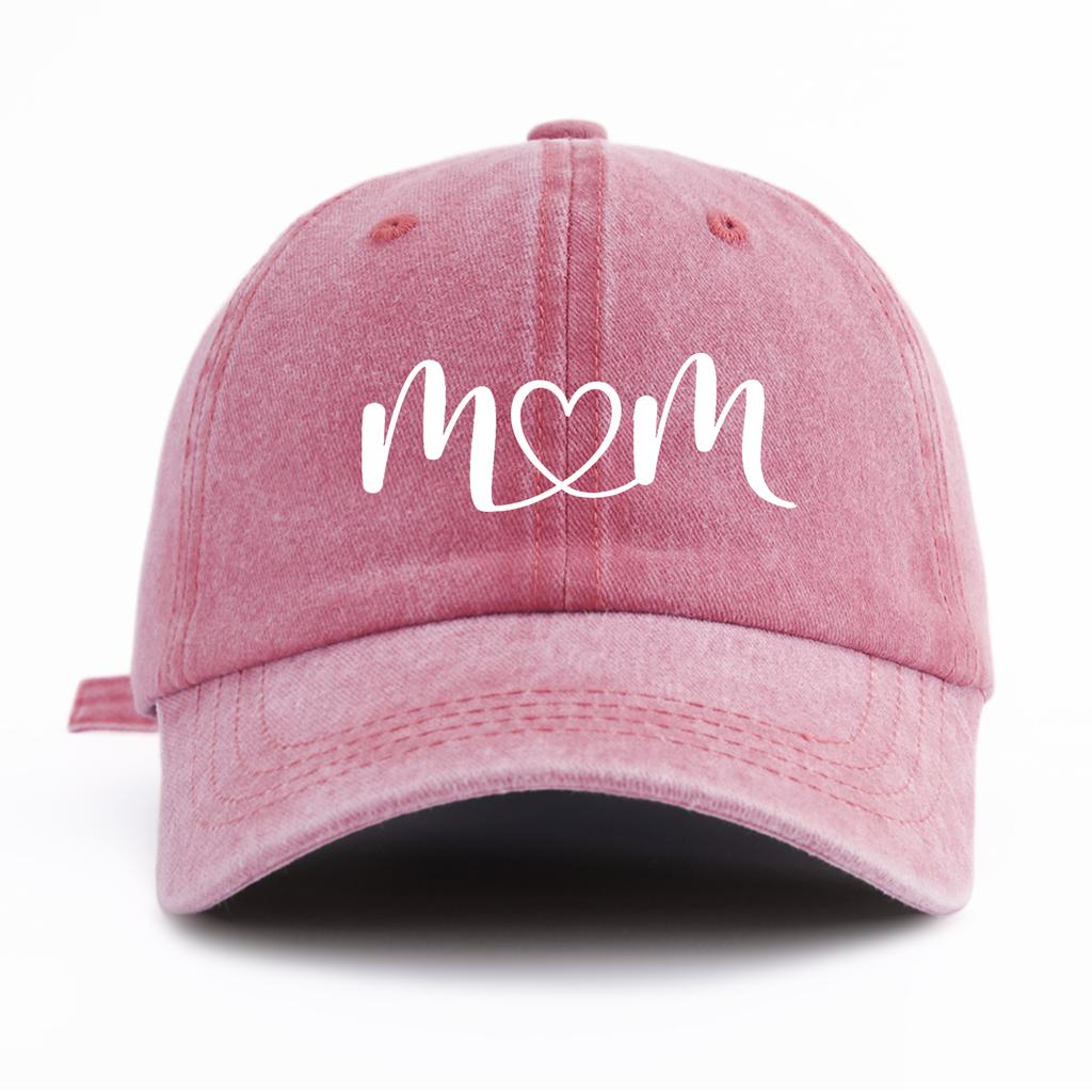 1pc Mom Heart Print Washed Baseball Cap for Adults, Minimalist Retro Style Casual Soft Adjustable Dad Hat, Perfect As Gift