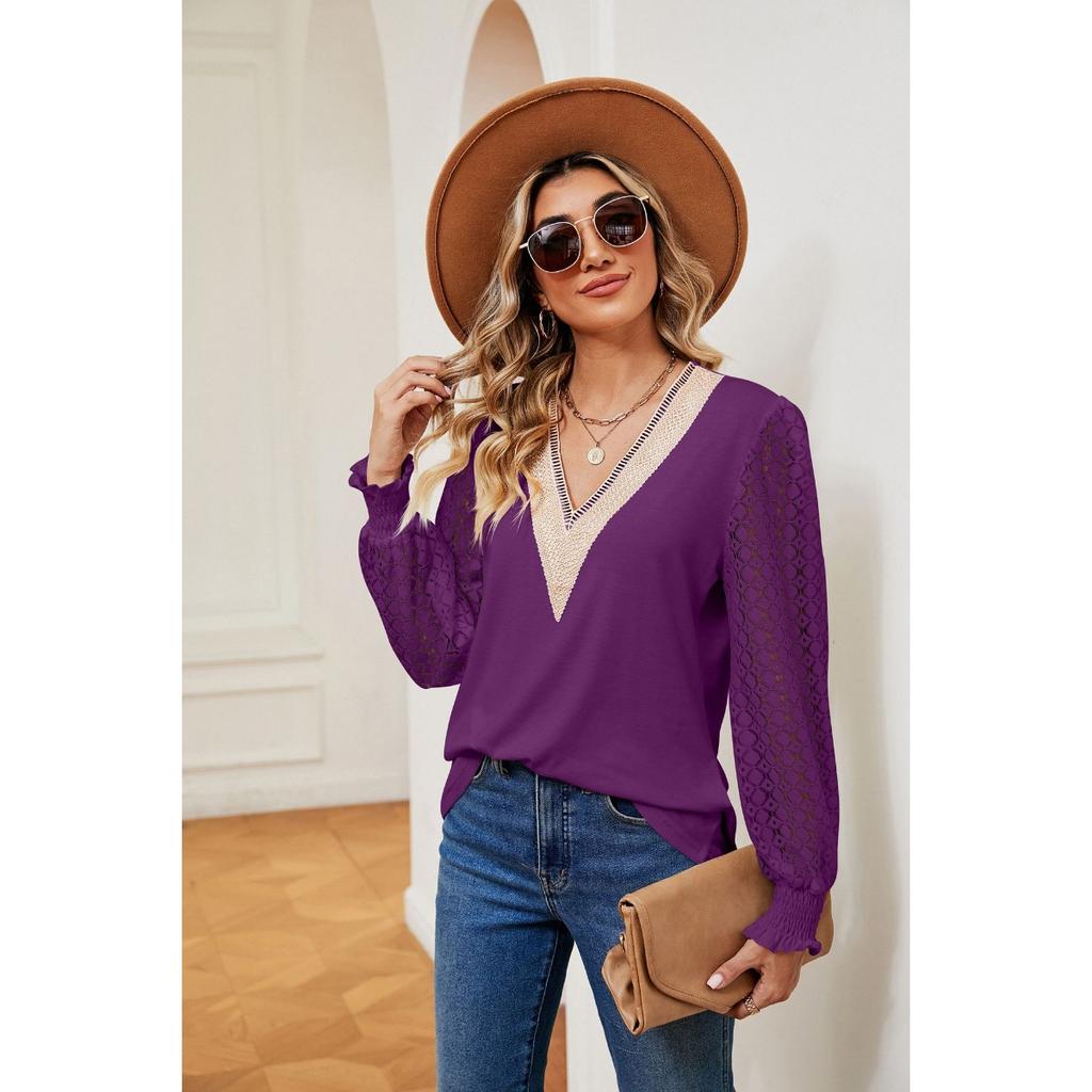 Fall Winter New Women's V-Neck Lace Splicing Loose Long Sleeve T-Shirt Top, Cross-Border Casual Tops for Women